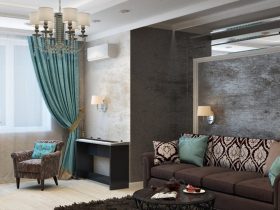 Luxurious modern living room with chandelier, sofa, armchairs, and stylish decor.